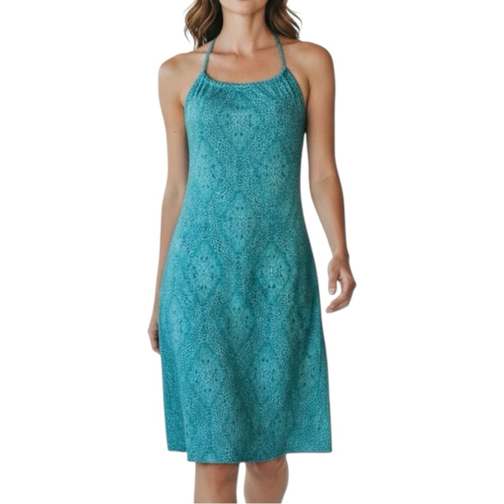 Prana Breathe Quinn Teal Geometric Athletic Halter Dress Shelf Bra Sleeveless M